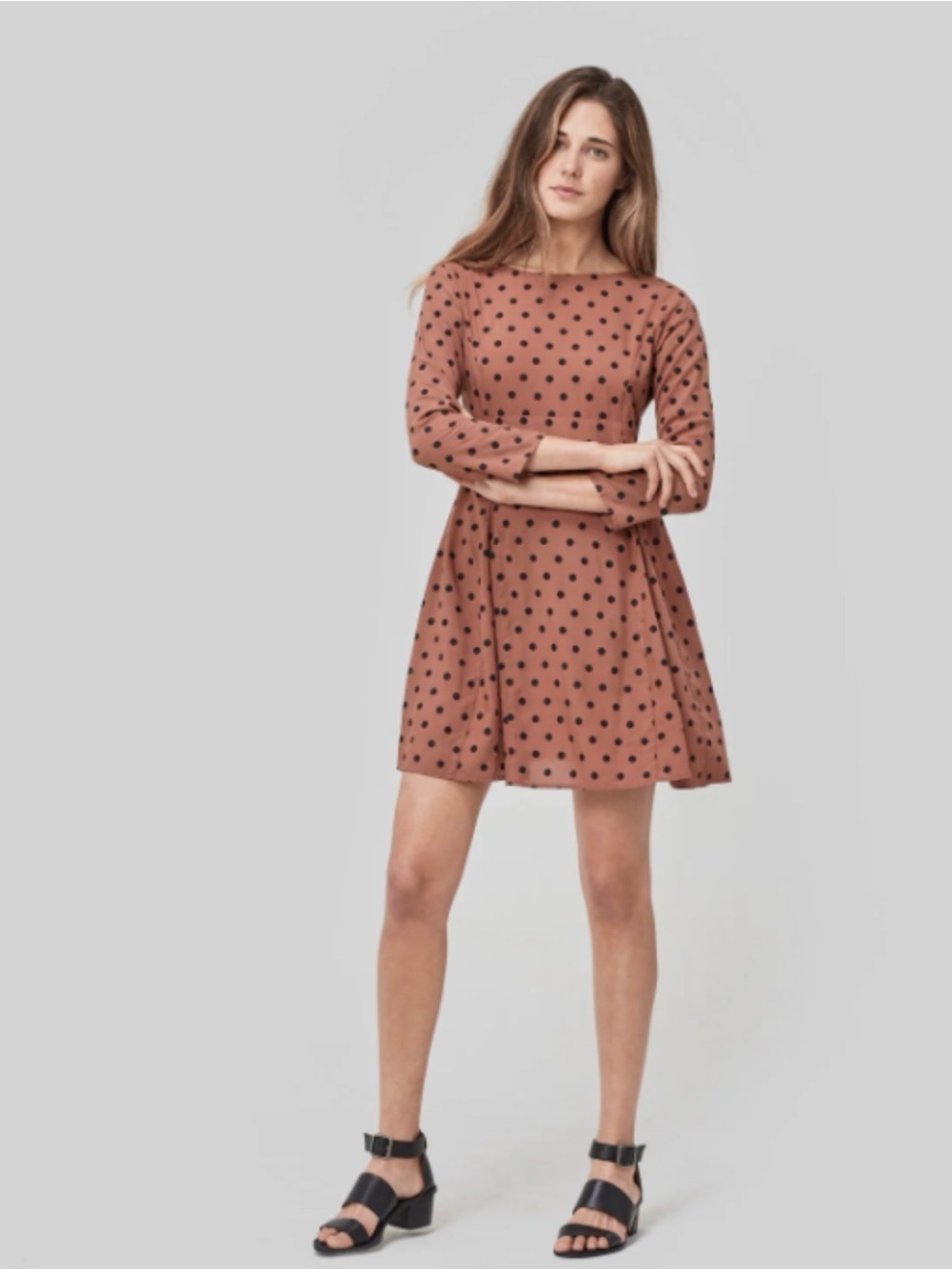 CHRISTY DAWN • Fox brown polka dot open back fit & flare mini dress - Small